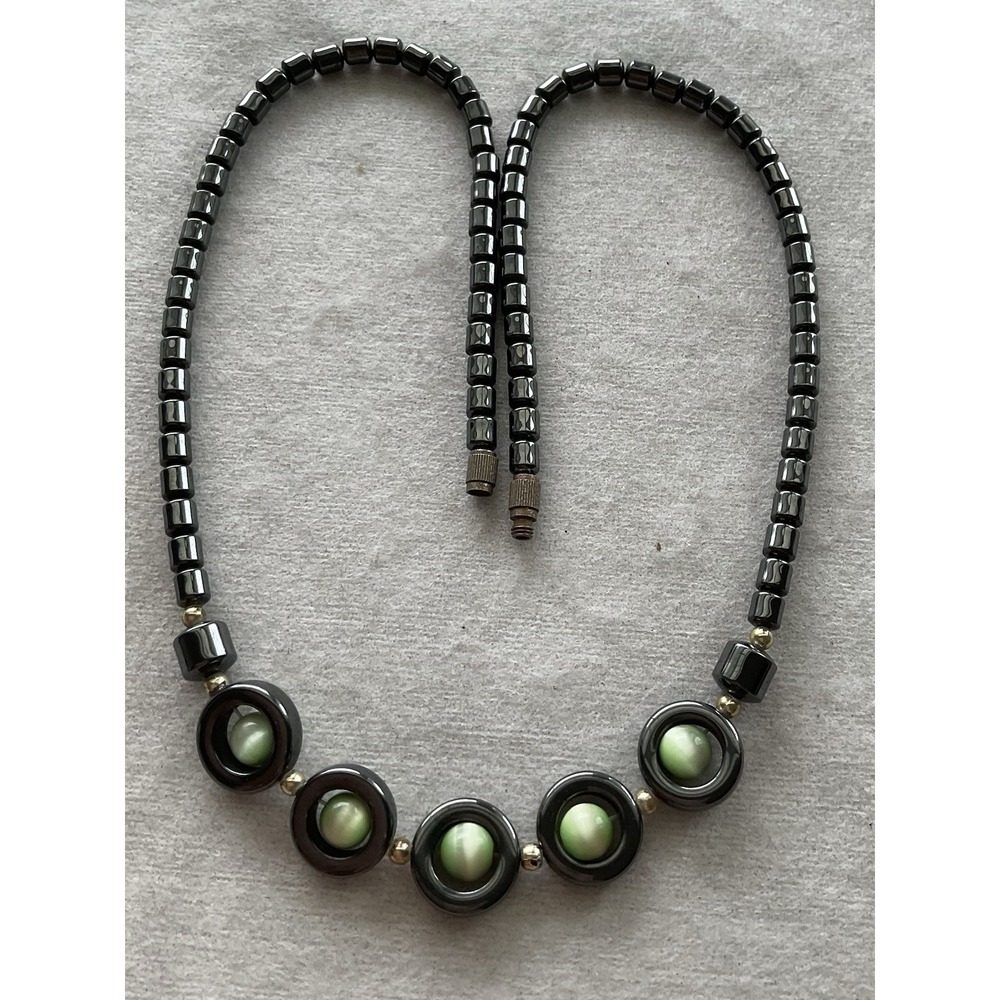 metallic gray hematite bead necklace green cat's eye Pendants Vintage Estate